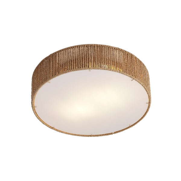 Runde Deckenleuchte mit einem Schirm aus Naturseil und einem weißen Diffusor.
