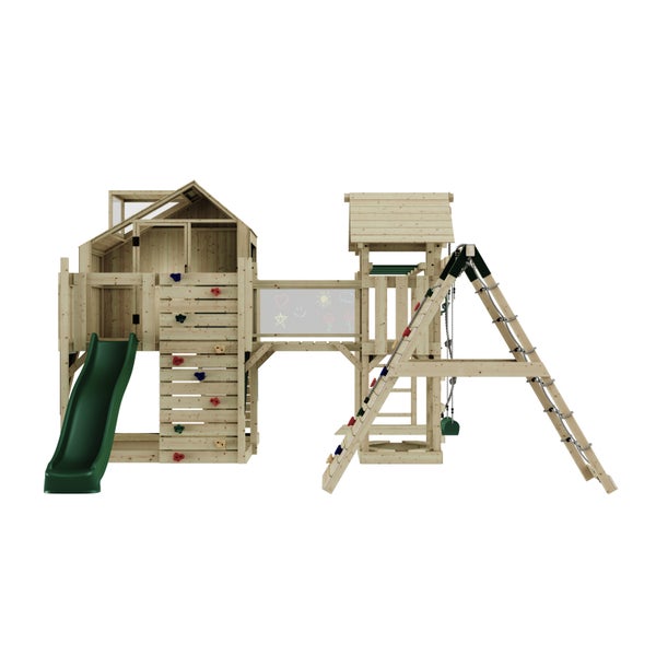 Spielanlage aus Holz mit Rutsche, Kletterwand, Schaukel und Tafel