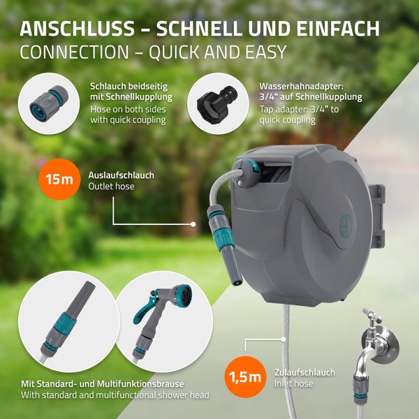 ECD Germany Schlauchaufroller 15m+1,5m, Schlauchtrommel, Wand-Schlauchbox RollUp mit Arretierstop und 9 Sprühfunktionen, 180° Schwenkbar, Automatischer Wasser Gartenschlauch-Aufroller zur Wandmontage
