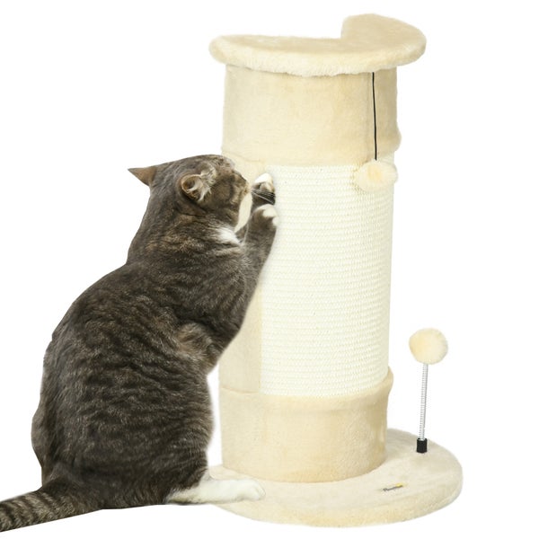 PawHut Ecke Kratzstamm, 58cm Kratzsäule aus Sisal, Kratzbaum für Katzen, kleiner Katzenkratzbaum mit Kratzball, Katzenmöbel für Indoor, Cremeweiß