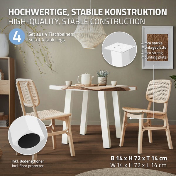 ML-Design 4er Set Tischbeine schräg 72 cm, Weiß glänzend, aus pulverbeschichtetem Stahl, eckig, Profil 8x8 cm, I-Form, Möbelfüße Metall 96° Neigung, Tischfüße Möbelbeine für Esstisch & Schreibtisch