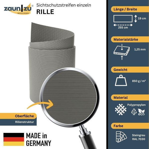 Zaun zu Sichtschutzstreifen Rille mit Produktinformationen zu Länge, Breite, Materialstärke, Gewicht, Material und Farbe