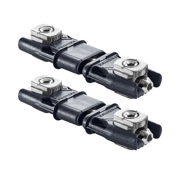 Zwei Festool DOMINO Flächenverbinder aus Kunststoff und Metall mit Festool Logo für Möbelverbindungen.