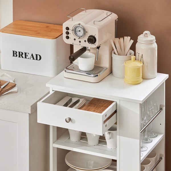 Küchenwagen mit Schublade, Kaffeemaschine, Brotkasten und Geschirr