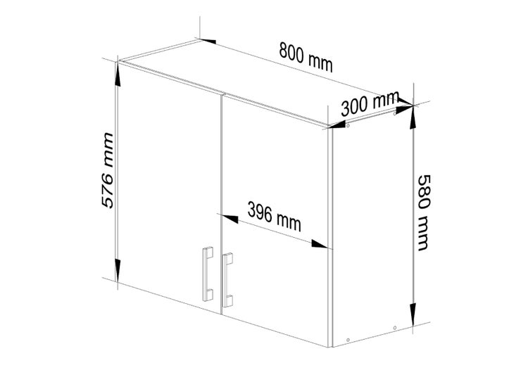 Technische Zeichnung eines Schranks mit den Maßen 800 mm Breite, 576 mm Höhe und 300 mm Tiefe.