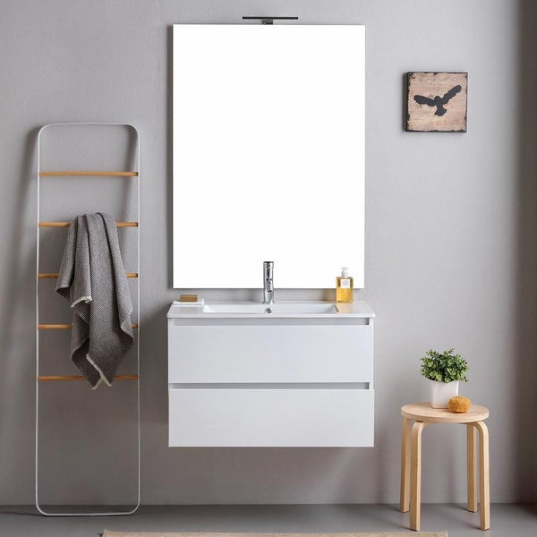 Modernes Badezimmermöbel-Set mit einem weißen wandhängenden Unterschrank mit zwei Schubladen, einem Waschbecken und einem großen Spiegel.