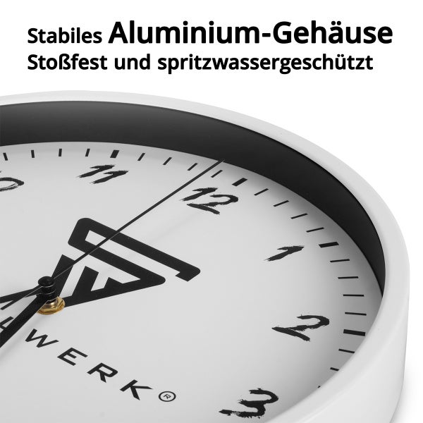 Wanduhr 30 cm weiße Werkstattuhr mit Aluminium-Gehäuse RCC-Uhrwerk