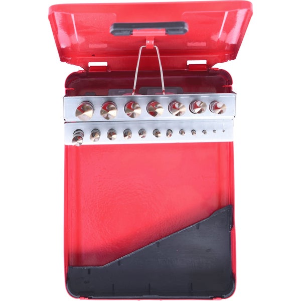 Bohrer-Set in roter Metallbox mit verschiedenen Größen
