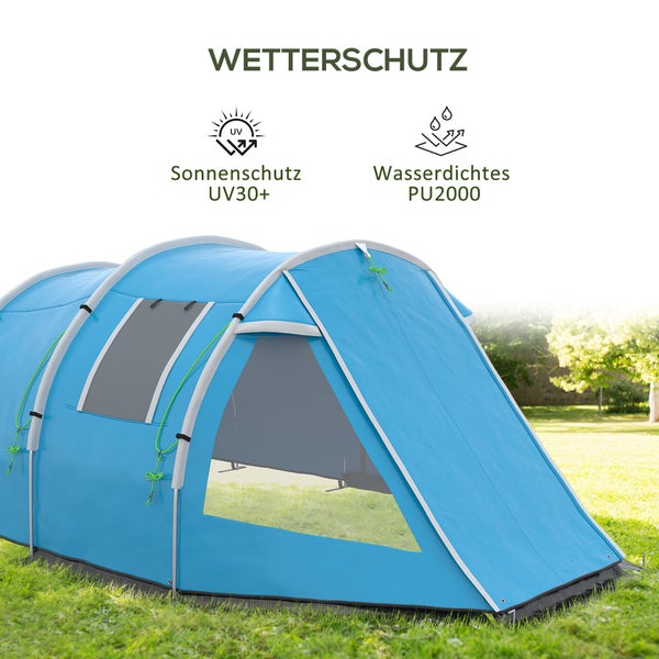 Outsunny Tunnelzelt für 4 Personen, Campingzelt mit 2 Räumen, 475L x 264B x 172H cm, Taft, Blau