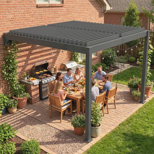 Modernes Gewächshaus mit anthrazitfarbenem Metallrahmen, gerippten Polycarbonat-Paneelen, Schiebetür und Dachfenster im Garten.