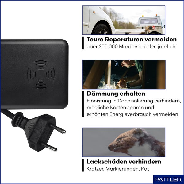 PATTLER ® Marderschreck mit Stecker - für 60m² | Marderschreck für Dachboden, Haus, Garten, Garage | Anschluss an Steckdose | Marderabwehr Dachboden mit Ultraschall