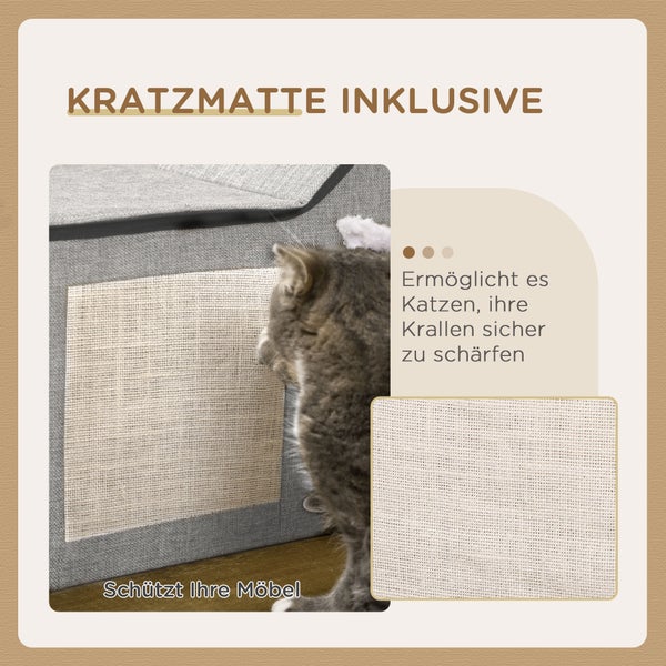 PawHut Katzenhöhle, Katzenhaus mit Kratzfläche, Katzenhütte mit Doppeltüren, Kuschelhöhle mit Kissen, Katzenbett mit Spielball, Polyester, Grau, 65 x 41 x 45,5 cm