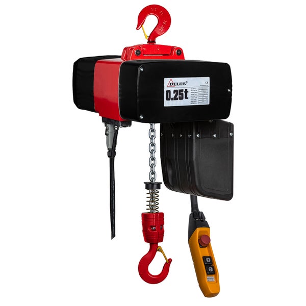 Elektrischer Kettenzug Delta, Tragkraft 0,25 Tonnen, mit Metallkette, zwei Lasthaken und gelber Kabelfernbedienung.