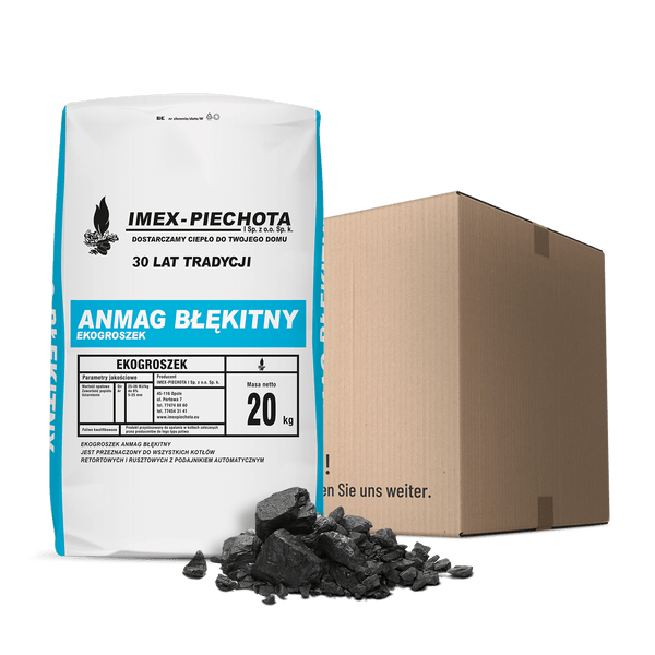 Sack mit 20 Kilogramm Ekogroszek Anmag Błękitny von Imex-Piechota, Brennstoff für Heizkessel mit automatischem Zubringer.