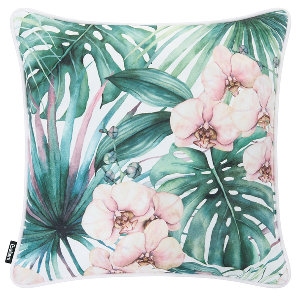 Quadratisches Zierkissen mit tropischem Blumenmuster aus Orchideen und Palmenblättern inklusive Beliani Logo