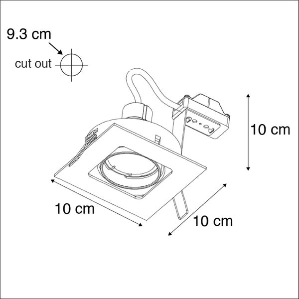 Technische Zeichnung quadratischer Einbaustrahler: 10 Zentimeter Breite, 10 Zentimeter Länge, 10 Zentimeter Höhe und Lochausschnitt 9.3 Zentimeter.