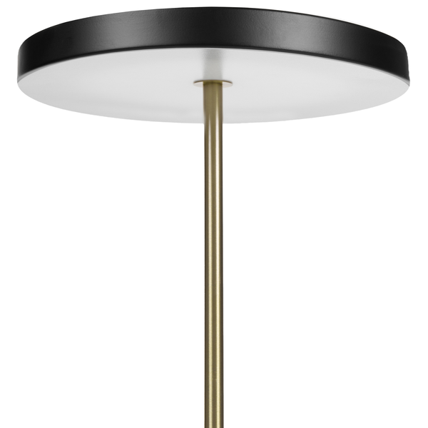 Moderne Deckenleuchte mit flachem, rundem Lampenschirm und metallischem Stab.