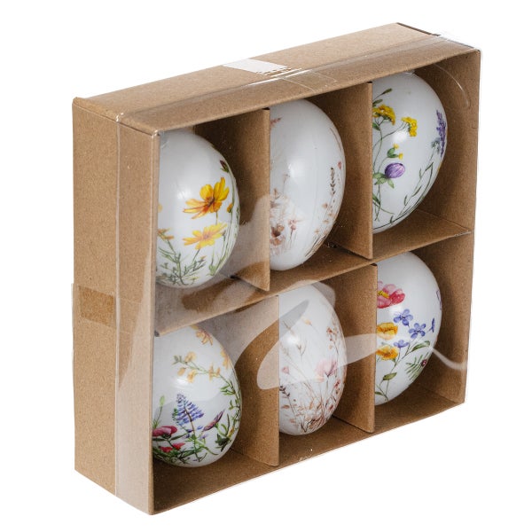 Verpackung mit sechs Ostereiern aus Keramik mit Blumendekor