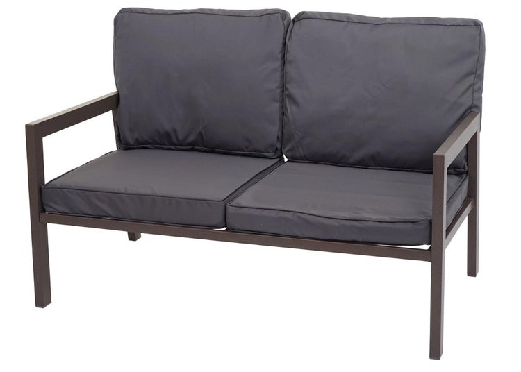 Zweisitzer Gartensofa mit Metallgestell und grauen Sitz- und Rückenkissen.