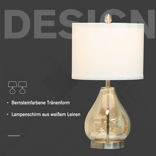 HOMCOM 2-Set Tischlampen Tischleuchten E27-Fassung Nachttischlampe 40 W Glas Leinen Stahl Bernstein Ø30 x 56H cm