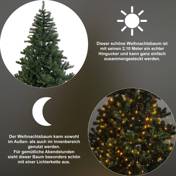 Abbildung eines zweieinhalb Meter großen Weihnachtsbaums, der für den Innen- und Außenbereich geeignet ist und sich leicht zusammensetzen lässt.