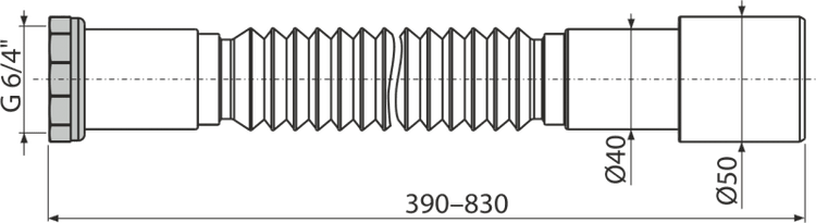 Technische Zeichnung eines flexiblen Ablaufschlauchs mit G 6/4 Zoll Anschluss, Durchmesser 40 und 50 mm, Länge 390 bis 830 mm.