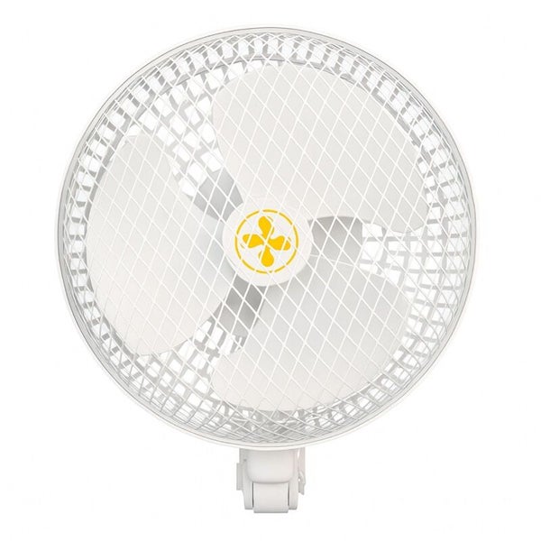 Weißer Klemmventilator mit Schutzgitter und drei Flügeln.