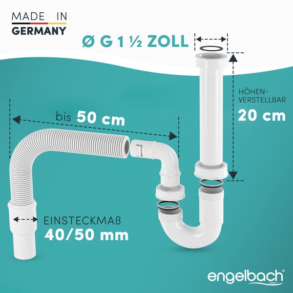 Engelbach® Siphon für Küchenspüle mit Flexiblem Ablaufschlauch ohne Geräteanschluss inkl. Montage-Video