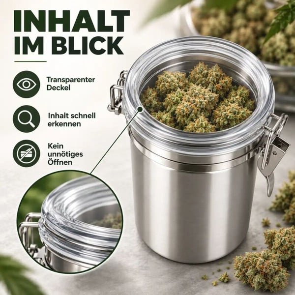 Edelstahl Vorratsdose mit transparentem Deckel und Bügelverschluss zur Aufbewahrung von getrockneten Kräutern oder Lebensmitteln.