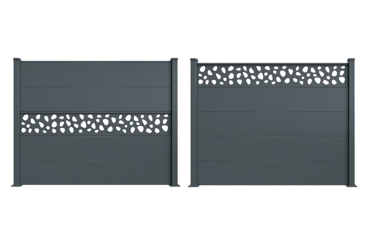 Sichtschutzzaun aus Metall mit zwei verschiedenen Mustern, bestehend aus Paneelen und Pfosten für die Gartenabgrenzung.