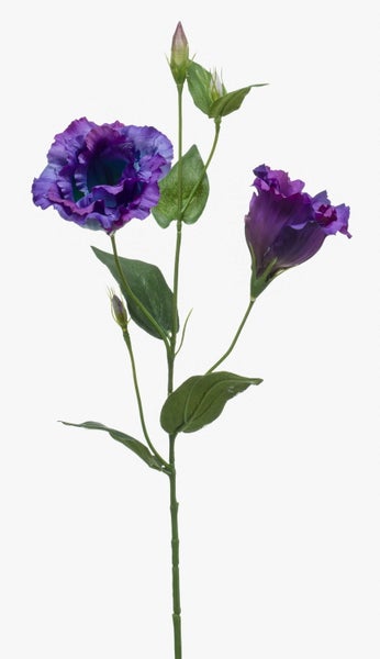 Künstliche Lisianthus mit zwei violetten Blüten, mehreren Knospen und grünen Blättern an einem langen Stiel.