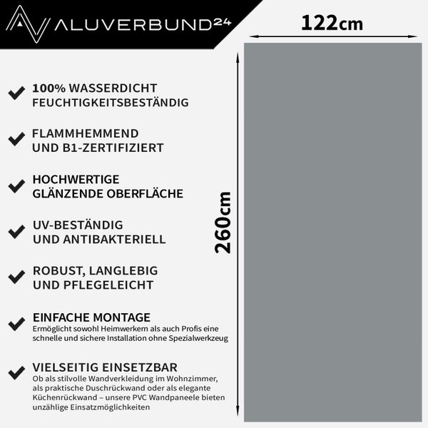Aluverbund24 PVC Wandpaneel, 122 mal 260 Zentimeter, wasserdicht, flammenhemmend, antibakteriell und uv-beständig.