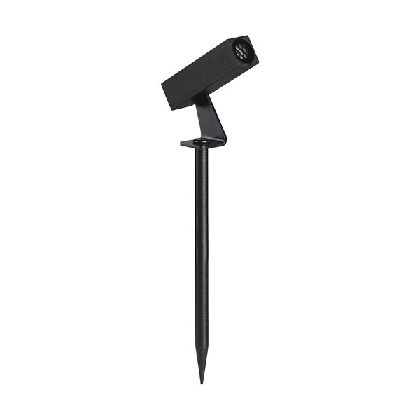 Schwarzer LED-Gartenstrahler mit Erdspieß und verstellbarem rechteckigem Kopf.