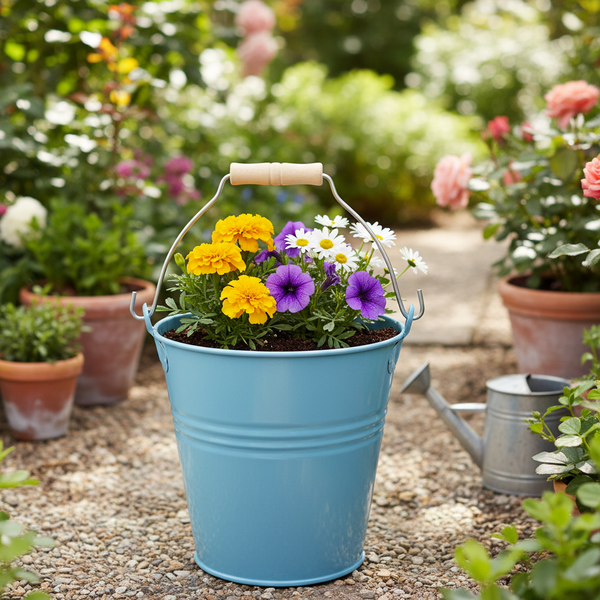 Hellblauer Metalleimer mit Holzgriff als Pflanzgefäß mit bunten Blumen auf einem Kiesweg im Garten mit Terrakottatöpfen und Gießkanne.