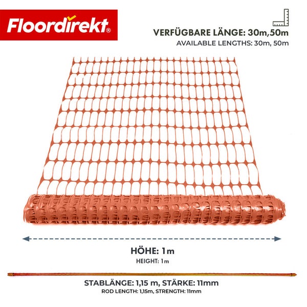 Floordirekt Logo, Absperrzaun Warnnetz Höhe 1 Meter, Stablänge 1,15 Meter, Stärke 11 Millimeter, verfügbare Längen 30 und 50 Meter.