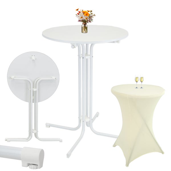 Set Stehtisch klappbar Ø 80 cm in Weiß & Husse Beige bügelfrei Gastrotisch Bistrotisch Partytisch
