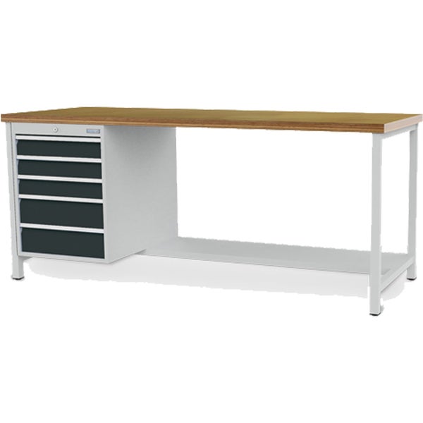 Werkbank mit Holz-Arbeitsplatte, Metallgestell, fünf Schubladen auf der linken Seite und unterer Ablagefläche.