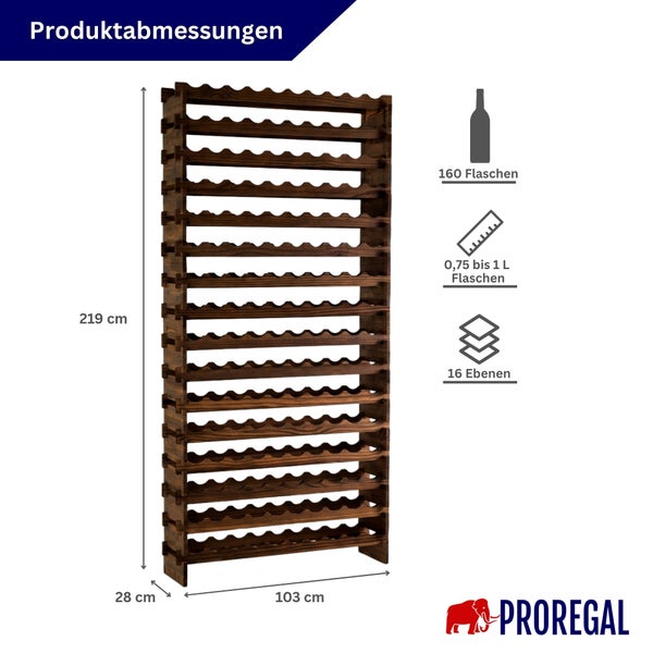 Weinregal aus Holz für 160 Flaschen auf 16 Ebenen. Maße: 219 Zentimeter hoch, 103 Zentimeter breit, 28 Zentimeter tief. Proregal Logo.