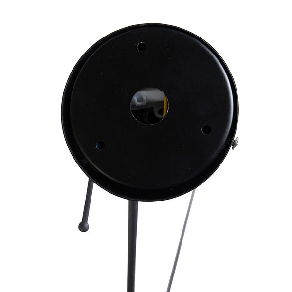 Runde Montageplatte einer schwarzen Metalllampe mit Befestigungslöchern und Kabeldurchführung.