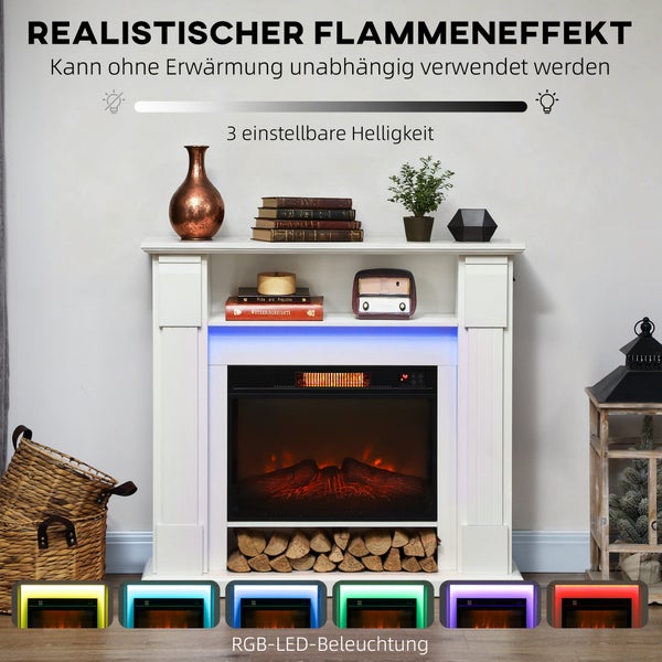 Weißer Elektrokamin mit Kaminsims, realistischer Flammeneffekt, RGB-LED-Beleuchtung in verschiedenen Farben und integriertem Holzfach.