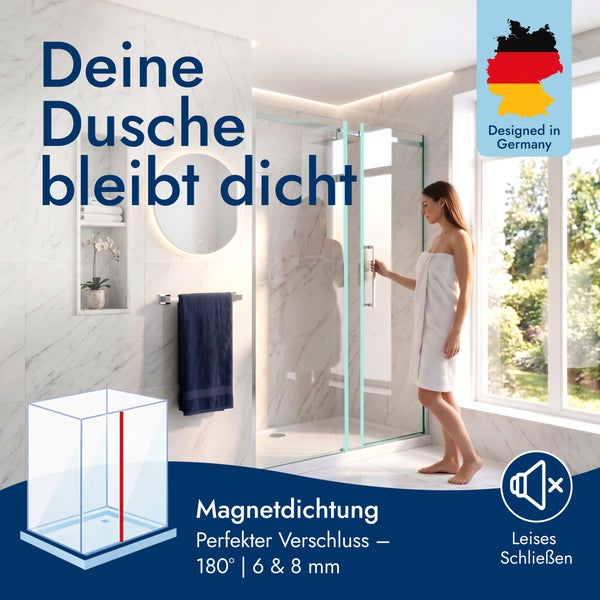 Modernes Badezimmer, Frau an Glasdusche. Magnetdichtung für 6 und 8 Millimeter Glas, 180 Grad, für leises Schließen. In Deutschland entworfen.