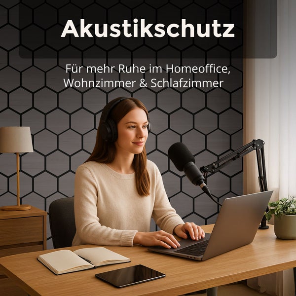 Frau in einem hellen, organisierten Homeoffice an einem Holztisch vor einer Wand mit sechseckigem Akustikschutz für mehr Ruhe.