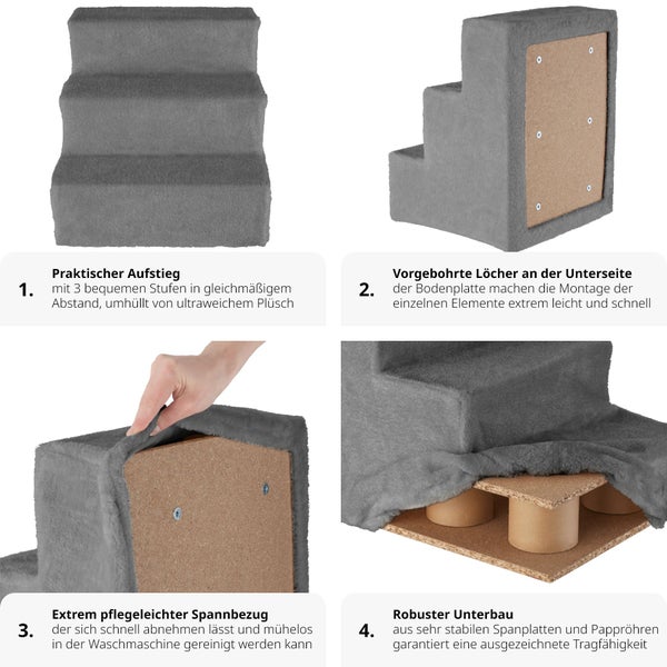 Haustiertreppe tectake Paw Path pflegeleicht, 37 x 45 x 34,5 cm für Hunde und Katzen grau