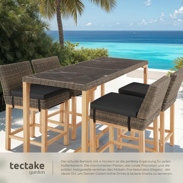 Rattan Tisch Lovas mit 4 Stühlen Latina tectake  Beine aus Holz mit Aluminiumgestellen natur