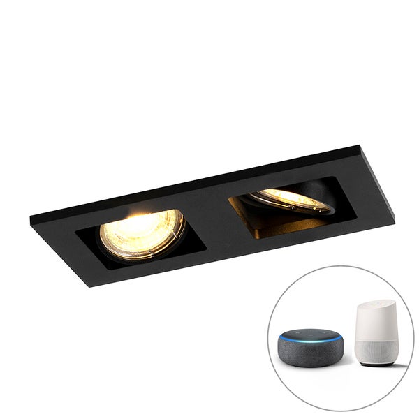 Schwarze Deckenleuchte mit zwei verstellbaren Spots, kompatibel mit Smart Home Systemen wie Amazon Alexa und Google Home.