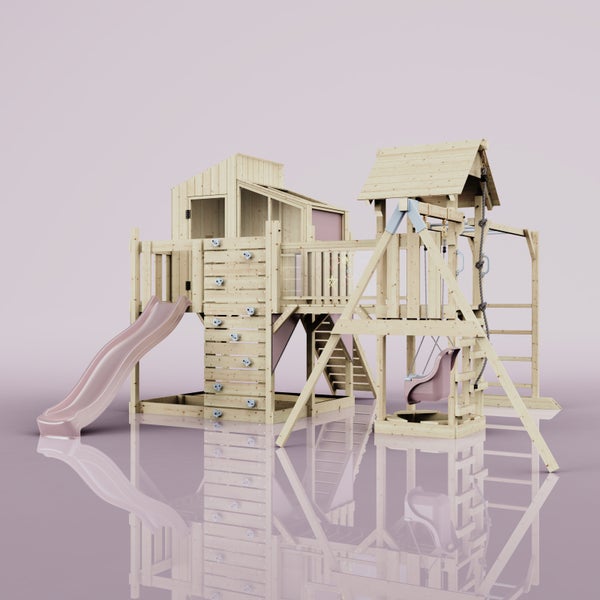 Holzspielhaus mit Rutsche, Schaukel und Kletterwand für den Garten