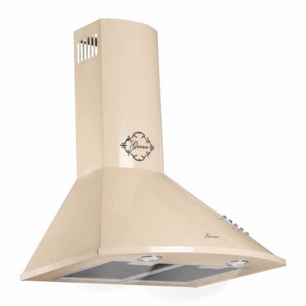 Wandabzugshaube Gurari in rustikalem Design mit integrierter Beleuchtung und Metallfettfiltern