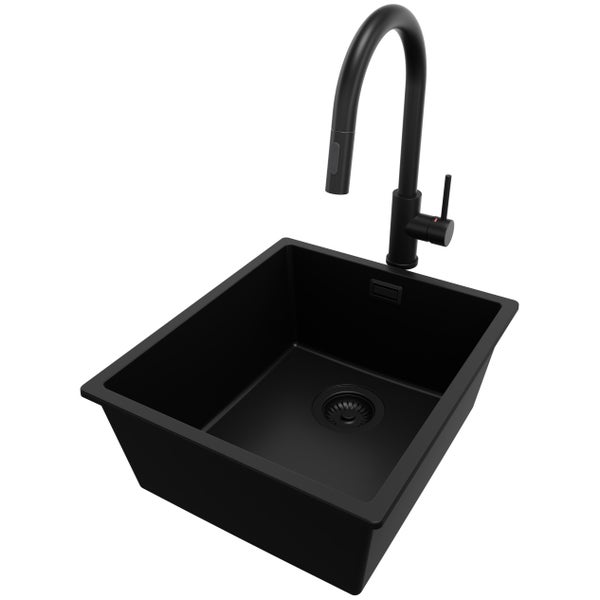 PRIMAGRAN Granitspüle Alles Schwarz 41x47cm, Spülbecken 1 Becken + Küchenarmatur 40x20cm + Ablauf-Set, Küchenspüle ab 45er Unterschrank - London Slim