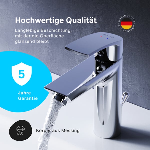 Glänzende Armatur aus Messing mit fünf Jahren Garantie und deutschem Qualitätssiegel