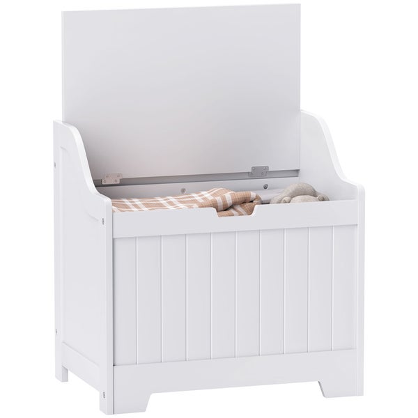 HOMCOM Truhe, Aufbewahrungsbox, Auflagenbox mit Sicherheitsscharnier, U-förmigem Ausschnitt, Gerätetruhe mit Deckel, für Wohnzimmer, Schlafzimmer, Weiß, 60 x 38 x 56 cm